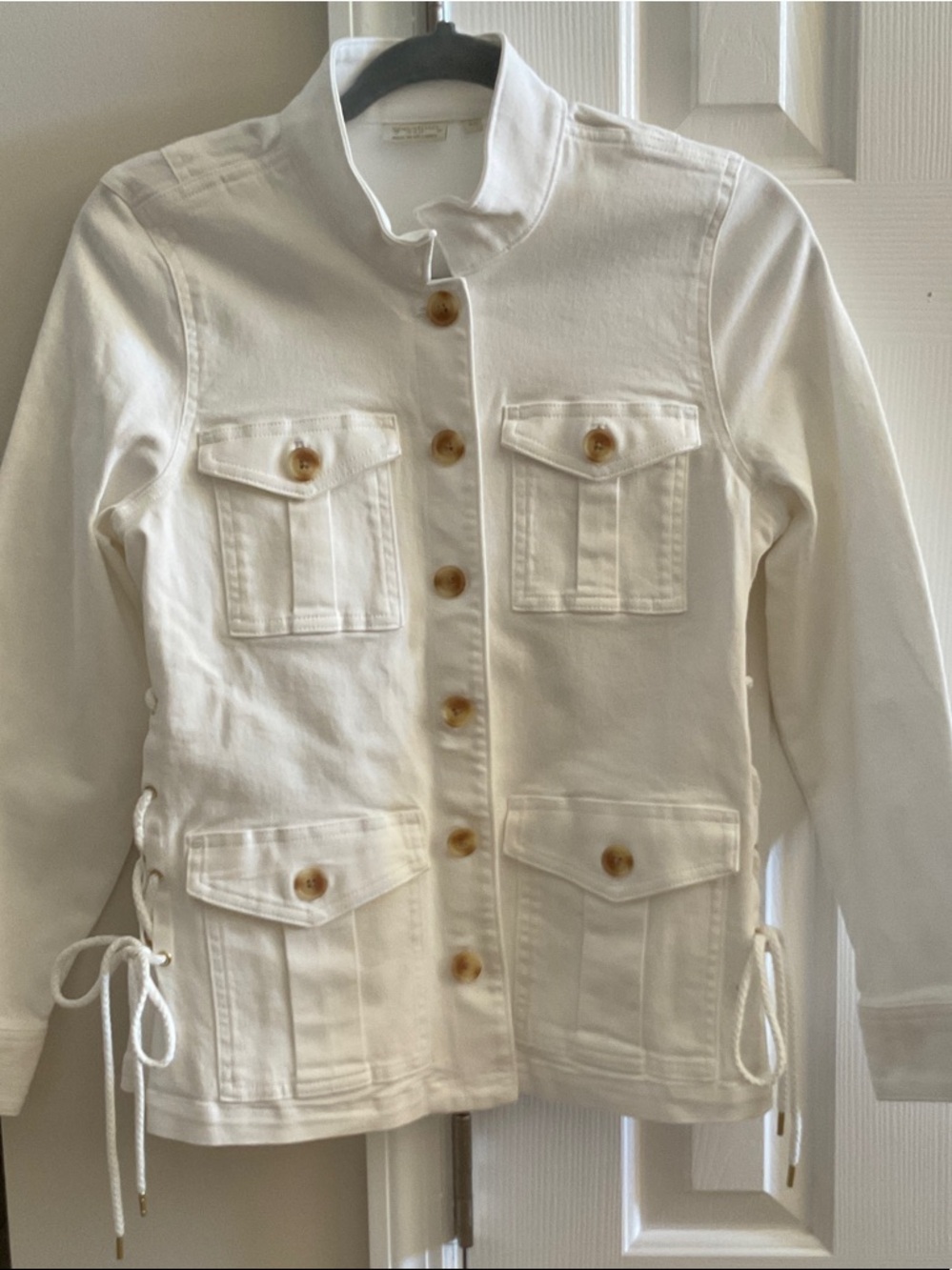 Spartina 449 White Utility Jacket with Button Front and side lace up for adj fit